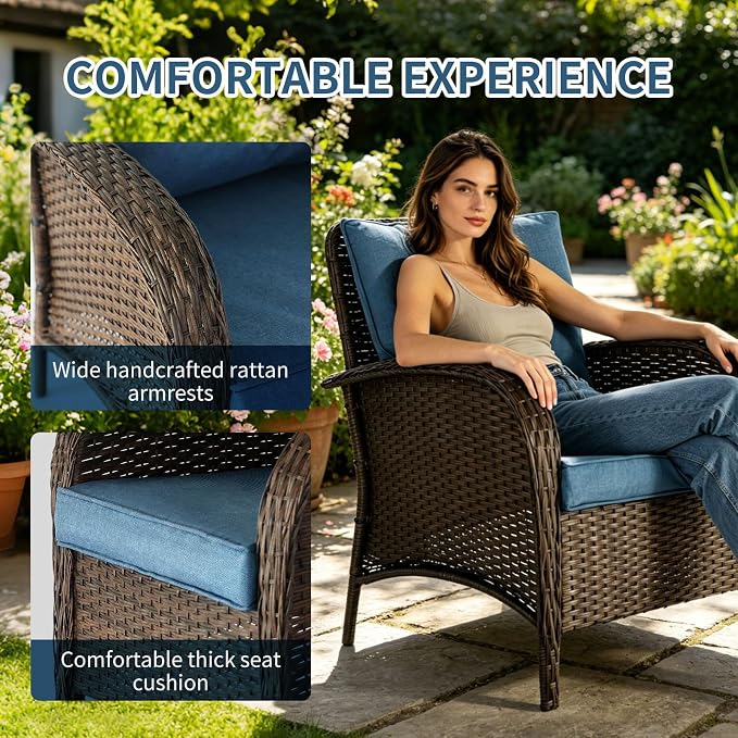 Outdoor Swivel Rocker Patio Chairs (Brown Wicker/Blue Cushion, 4PC/Sofa & Chair &Coffee Table)