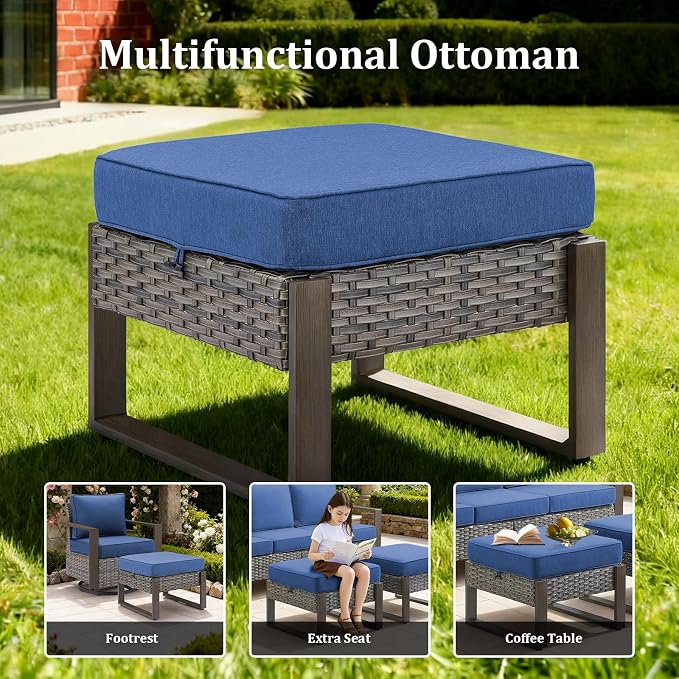 8-Piece Outdoor Patio Furniture Set with 4 Swivel Chairs, All-Weather Wicker Sofa Set for Garden, Yard, Porch and Poolside Seating, Grey/Blue