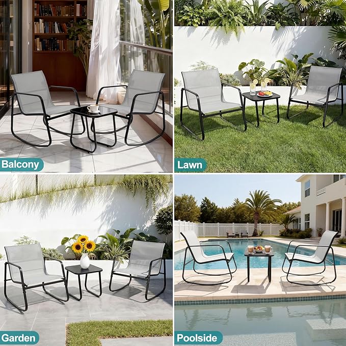DUMOS 3 Piece Patio Rocking Furniture Set，Outdoor Patio Furniture Conversation Set with Table, Patio Sectional Bistro Sets for Lawn, Garden, Balcony, Poolside (Gray)