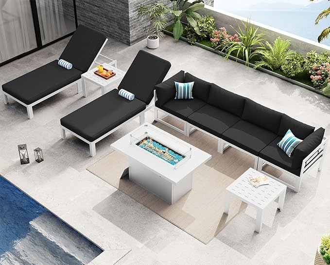 NICESOUL 9 Piece Modern Aluminum Outdoor Patio Furniture Set with Lounger & Fire Pit Table, Extra Large All-Weather Modular Sectional Couch, 29" Wide Deep Seating Conversation Sofa for Poolside, Black