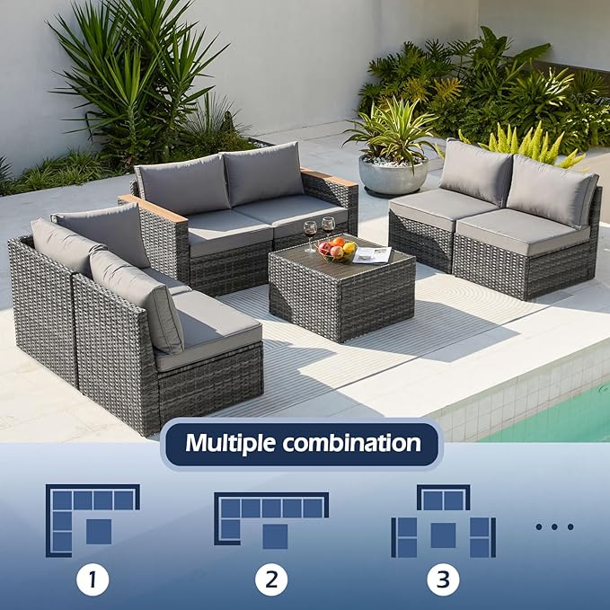 7 Pieces Patio Furniture Set Metal Outdoor Conversation Set with Table & Thick Cushions Sectional Sofa Seating Set for Backyard Porch Poolside Garden