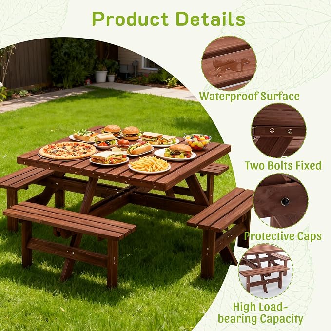 KEIKI 8-Person Square Picnic Table with Benches & Umbrella Hole, Waterproof Outdoor Dining Table with Sturdy Cross Base, Patio Table Set for Backyard Garden Camping, Brown