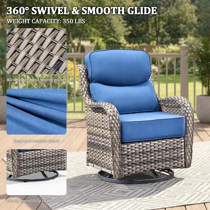 Luxury Swivel Rocker Chair Sofa Set with 6" Thick Cushions,6 Piece Wicker Swivel Rocker Patio Chair with footstools,Outdoor Comfortable High Back Chair Patio Furniture Set - Gery | Blue
