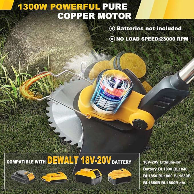 Cordless Weed Wacker for Dewalt 20V Battery, 4 in 1 Weed Eater Battery Powered, 1300W Lightweight Electric Weed Wacker, String Trimmer, Brush Cutter for Lawn, Yard and Bush Trimming (No Battery)