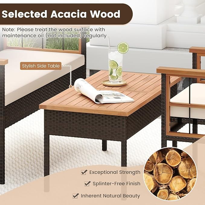 Tangkula 8 Pieces Wicker Patio Conversation Furniture Set, Outdoor Rattan Cushioned Armchairs & Coffee Table Set with Acacia Wood Tabletop for Backyard, Porch, Balcony