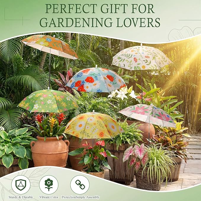Hillban 6 Pack Plant Shade Umbrellas for Outdoor Plants 23.6" Large Garden Umbrella Shade for Potted Flower with Adjustable 40" H Sunshade Cover for Patio Garden Bed Flowers(Floral Pattern)
