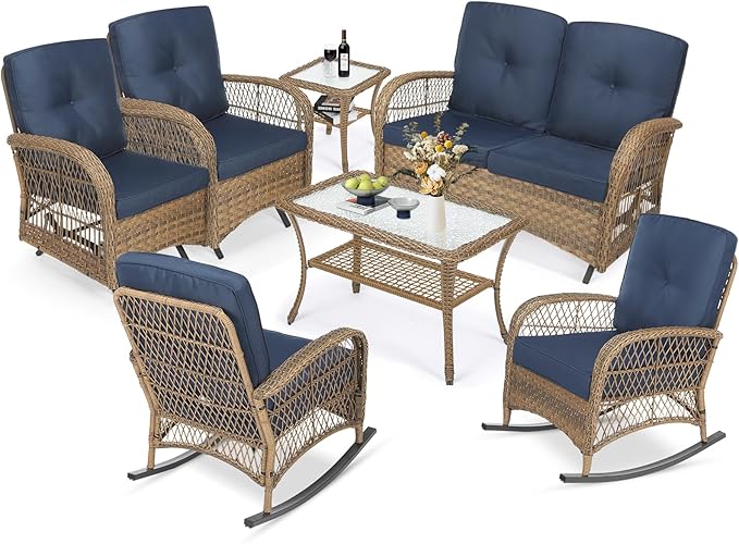 MEETWARM 7 Pieces Outdoor Wicker Patio Conversation Sets with Glider Loveseat, 4 Chairs with 2 Glass-Top Coffee Table Wicker Rocking Glider Set, Wicker Conversation Set w/Thickened Cushions, Navy Blue