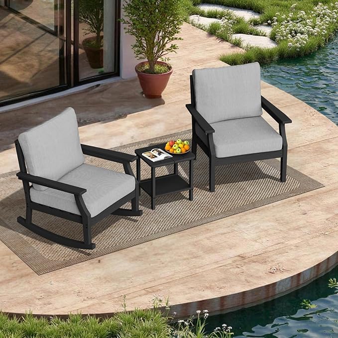 HDPE Patio Conversation Set, 3-Piece All Weather Outdoor Furniture Set with 1 Single Sofa，1 Rocking Sofa for Deck, Lawn, with Cushion, Black