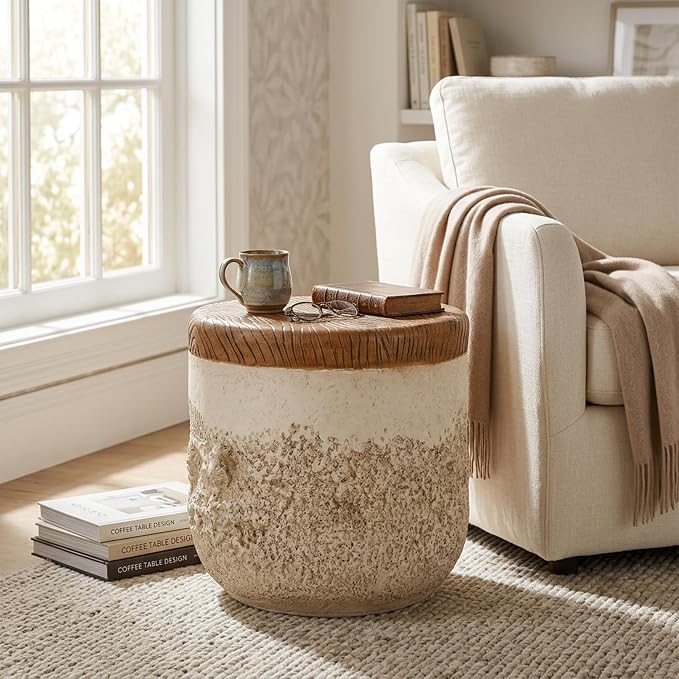 Verna Outdoor Patio Round MGO Side Table, Dual-Texture Accent End Table with Faux Wood Grain Top, Beige Organic Modern Stand for Balcony Garden Poolside Living Room Bedroom