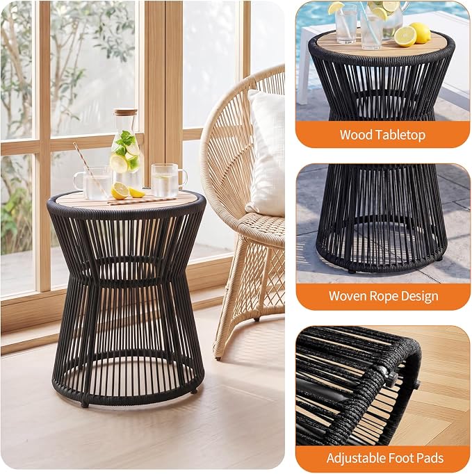 PeakPursuit Outdoor Side Table, Small End Table with Wooden Top, Woven Rope Round Coffee Tables for Patio Balcony Poolside