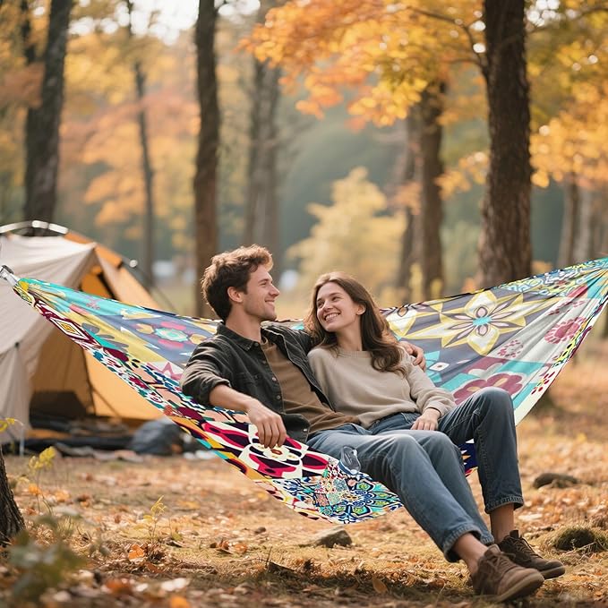 Qilmy Colorful Geometric Pattern Camping Hammock Single – 330 lbs Capacity, Lightweight with Tree Straps & Carabiners, Portable for Hiking, Travel, Backpacking