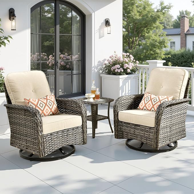 3 Pieces Patio Furniture Set, All-Weather Rattan Wicker Outdoor Furniture with Swivel Rocking Chairs and Side Table, High Back Conversation Set for Porch, Backyard, Balcony,Beige