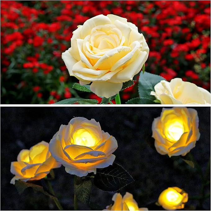 SmilingTown Solar Garden Stake Lights 2 Pack with 10 Rose Flowers Landscape Path Decorative Lights Waterproof for Outdoor Yard Grave Cemetery Pathway Courtyard Lawn (Yellow)