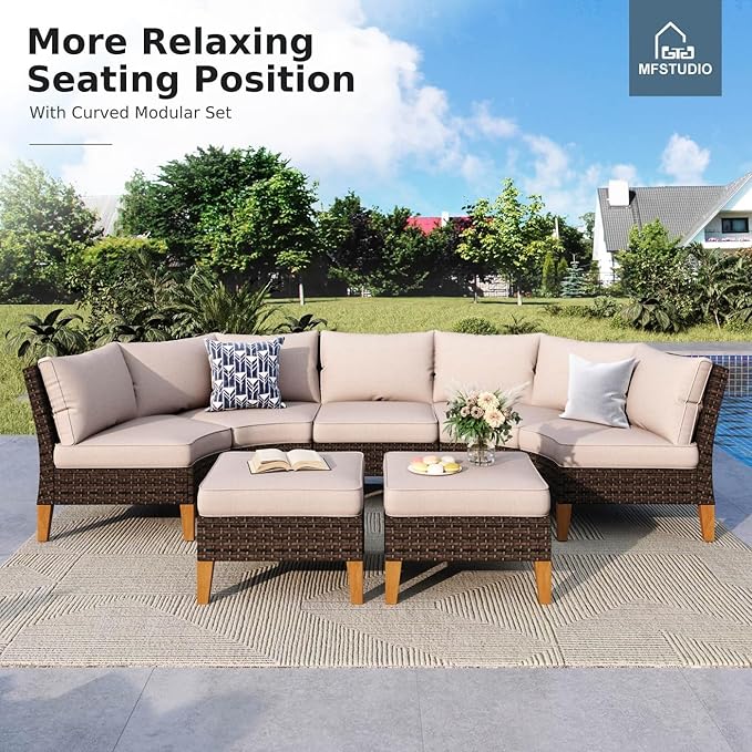 MFSTUDIO 9 Pieces Wicker Patio Furniture Set, All-Weather Rattan Outdoor Half-Moon Curved Sectional Sofa Set for Garden, Backyard, 4 x Curved Sofa, 1 x Armless Chair, 2 x Ottomans, 2 x Corner Sofa