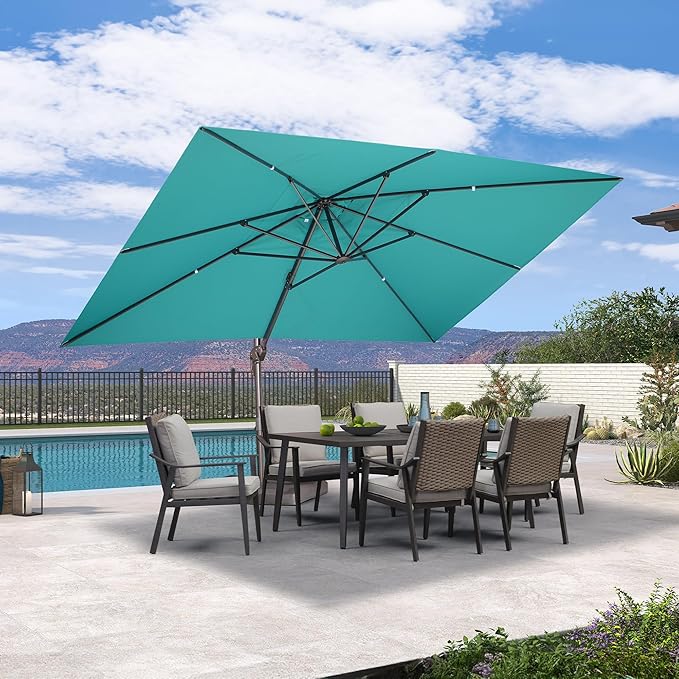 PURPLE LEAF 10' X 13' Patio Cantilever Umbrella Rectangle Umbrella Outdoor with Aluminum Offset Antique Bronze Hanging and 360° Rotation for Pool Garden Deck Patio, Turquoise