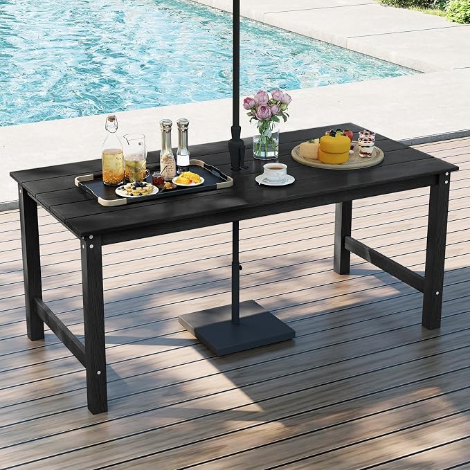 Tangkula HDPE Outdoor Dining Table for 6 Person, 67” Patio Table with Wood-Like Tabletop and Umbrella Hole, Weather-Resistant Rectangle Table for Garden, Backyard and Poolside (Black, 1 Table)