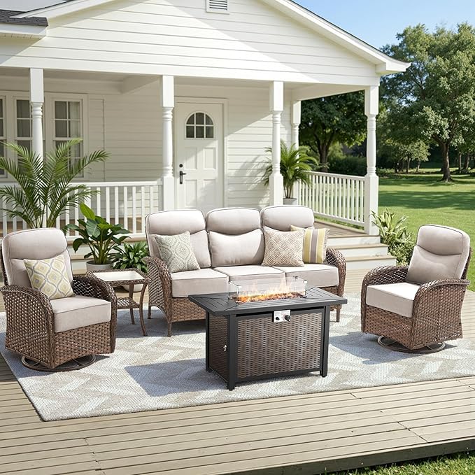 Luxury Patio Furniture Set with 42.5" Fire Pit Table, 6-Inch Thick Cushions Wicker Outdoor Furniture with High Back Swivel Patio Chairs Set of 2, Patio Conversation Set for Deck Garden Porch, Beige