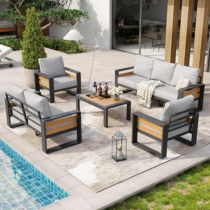 Aoxun Aluminum Patio Furniture Set, 5 Piece Luxury Outdoor Sectional with 6" Olefin Fabric Cushions, Patio Conversation Sets with Coffee Table and Waterproof Cover for Backyard, Porch Light Grey