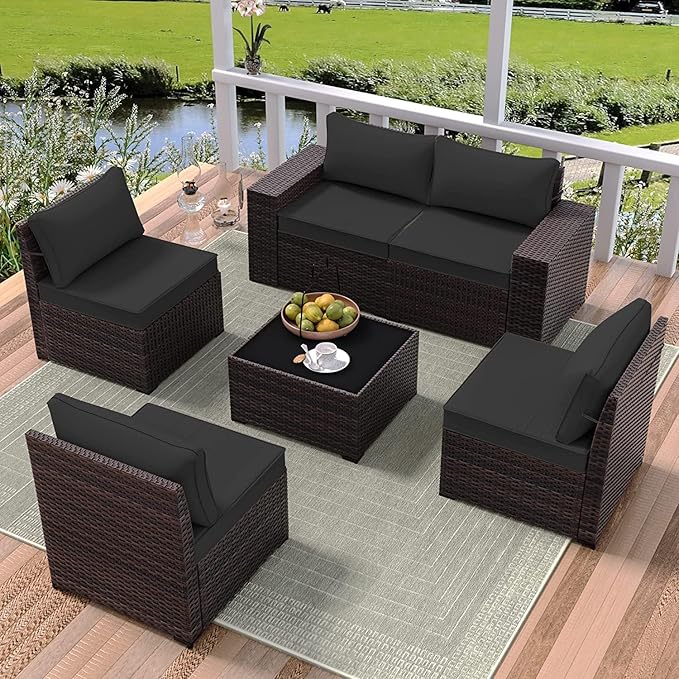 6 PCS Outdoor Patio Furniture Set,Outdoor Sectional Furniture All Weather PE Rattan Wicker Patio Conversation Set with Coffee Table and 5 Thickened Cushions,Black