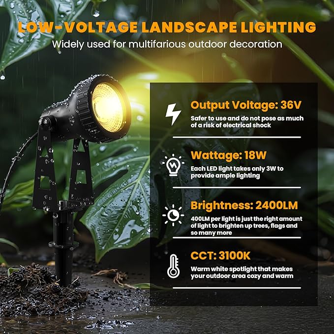 Zuske Outdoor Landscape Lighting, 6-Pack Outdoor Spot Lights with Transformer, Plug in LED Spot Lights for Garden, Yard, Backyard, Plants, Lawn, Trees, House, Flags, IP65 Waterproof – Warm White
