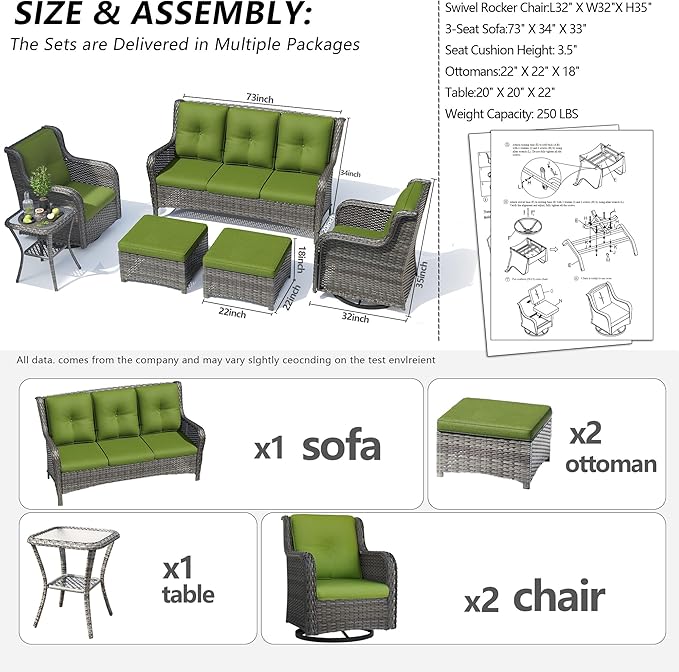Wicker Patio Furniture Set 6 Piece Set with 1 Three-Seat Sofa, 2 Swivel Rocker Chairs, 2 Ottomans and 1 Side Table, Outdoor Furniture Patio Conversation Sets(Mixed Grey/Green)