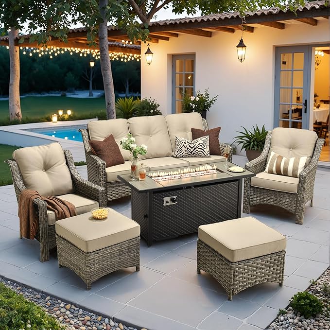 HOOOWOOO Patio Furniture Set,6 Pieces Wicker Outdoor Furniture,High Back Conversation Set with All Weather Resistant Fire Pit Table Couch Chairs Ottomans,Beige Tan