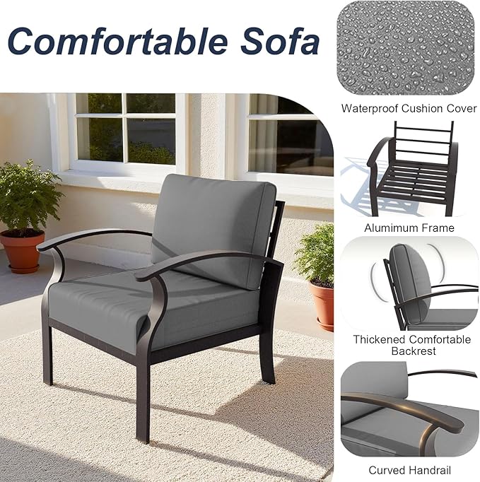 ALAULM Aluminum Patio Furniture Set with Coffee Table Rectangular, 7-seat Outdoor Sectional Furniture w/Swivel Chairs, Patio Conversation Set for Porch, Backyard, Poolside-Grey
