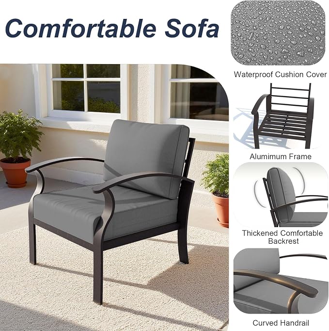 ALAULM Aluminum 2-Seat Patio Furniture Set, Metal Outdoor Furniture Sectional Sofas w/5.1" Cushions for Patio, Backyard, Poolside-Grey