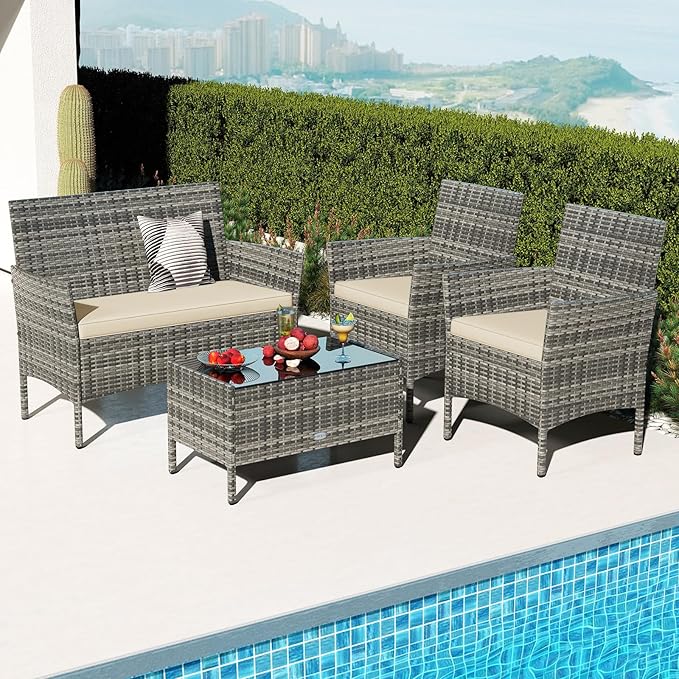 Tangkula 8 Pieces Patio Rattan Conversation Set, Outdoor Wicker Furniture Set with Cushioned Chair, Loveseat & Tempered Glass Table, Outside Sectional Sofa Set for Backyard (G-Beige,2)