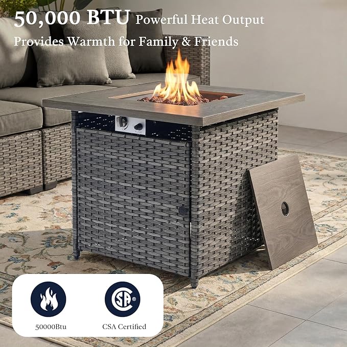 Wicker Patio Furniture Set- 4 Pieces Outdoor Swivel Rocker Chairs with 50,000 BTU Fire Pit Table,PE Rattan Outdoor Conversation Set for Garden Porch Deck