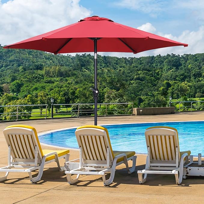 GDY 7.5FT Patio Umbrella Outdoor Table Umbrella,Market Umbrella with 6 Sturdy Ribs, with Push Button Tilt and Crank for Garden, Lawn, Deck, Backyard & Pool (Red)