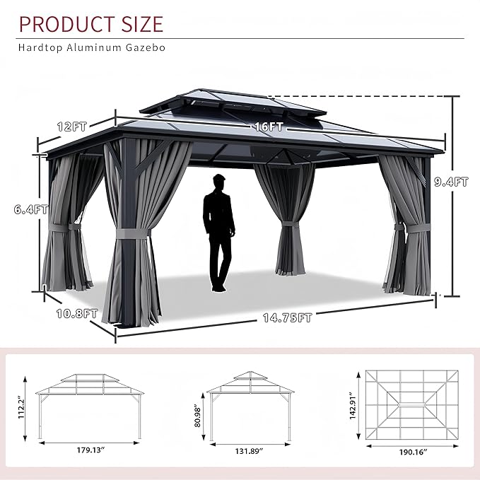 12’x16’ Hardtop Gazebo with Double Polycarbonate Roof, Sturdy Aluminum Frame & Removable Curtains/Netting,Outdoor Metal Shelter Pergola for Garden, Patio, Lawn (Grey)