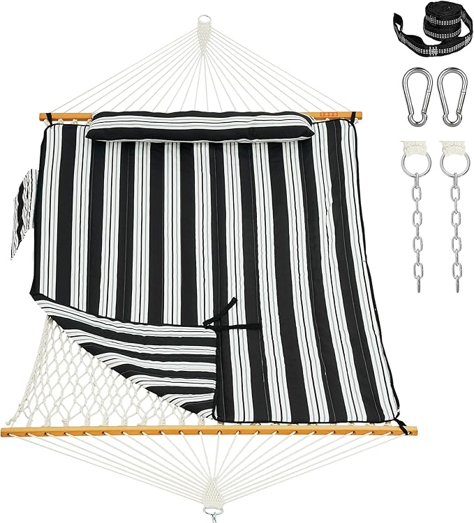 Lazy Daze Hammocks Rope Hammock with Pad, Spreader Bar, Carabiners, Tree Straps, Chains for Outside Patio- Max 450 Lbs, Black Stripes
