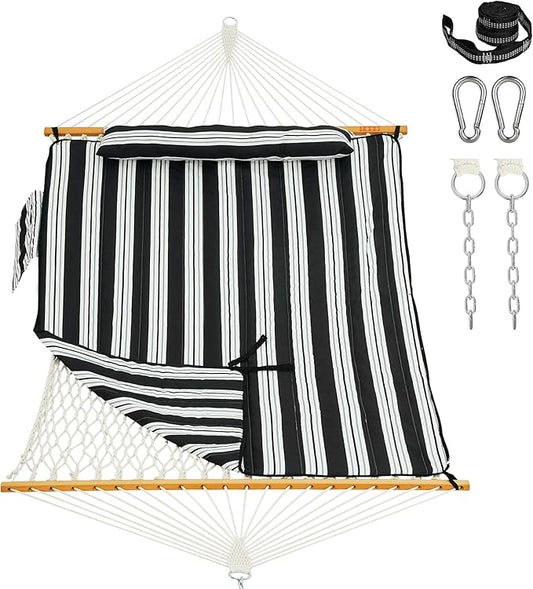 Lazy Daze Hammocks Rope Hammock with Pad, Spreader Bar, Carabiners, Tree Straps, Chains for Outside Patio- Max 450 Lbs, Black Stripes