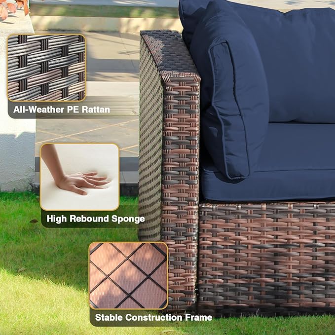13 Piece Patio Furniture Set with Fire Pit Table All Weather PE Rattan Outdoor Sectional Sofa Couch with No-Slip Cushions for Garden, Poolside, Backyard (Blue)