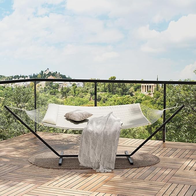 HomeEterna Iron Frame Polyester Cotton-Padded Netting Cushion Style Hammock with Durable Iron Frame, Soft Polyester Padding, Breathable Netting, Comfortable Cushion Design, and Easy Setup