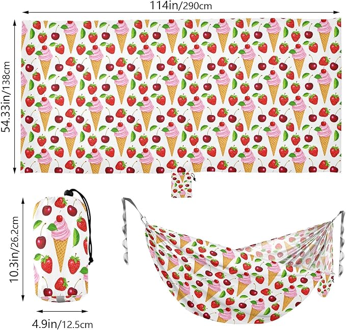 Camping Hammock Outdoor Hammocks for Outside Strawberry Cone Cherry Beach Trees Portable Lightweight with Pockets Tree Straps Indoor