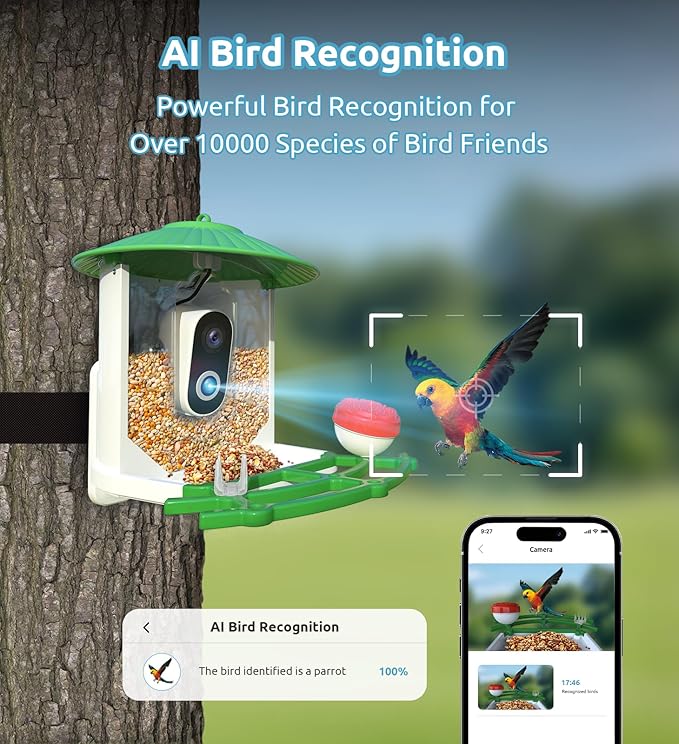 Smart Bird Feeder with Camera, 2K Live View AI Identify Birds Species with Solar Panel, Outdoors Birdhouse with Camera, Instant Arrival Alerts, Gifts for Bird Lovers
