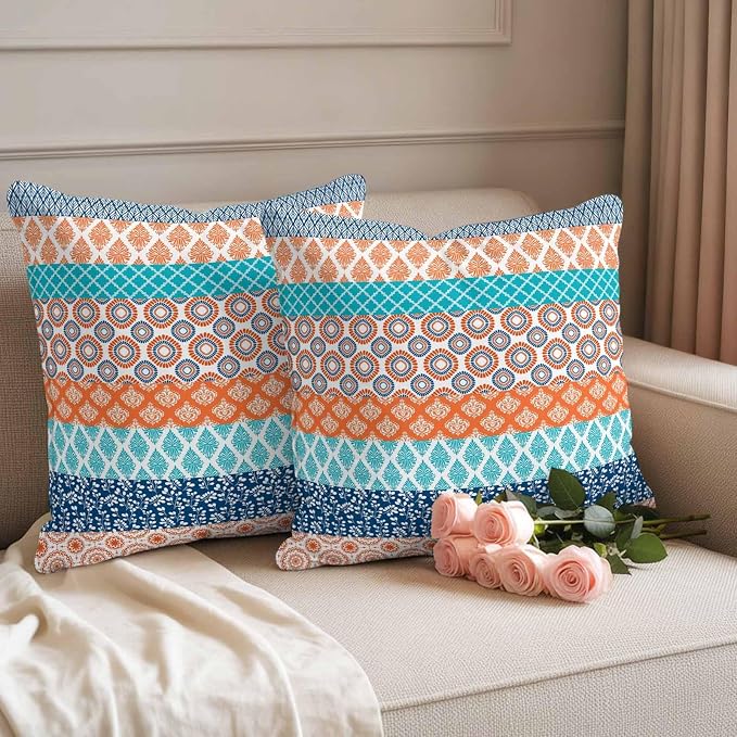 Geometric Bohemia Outdoor Pillow Covers Set of 2 Stripes Orange Turquoise and Blue Waterproof Throw Pillow Cover Decorative Cushion Cases for Patio Porch Garden 20X20 Inch