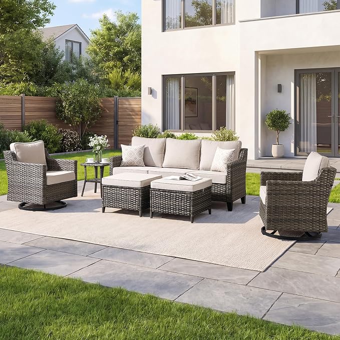 Outdoor Furniture Set of 6, Patio Chairs with Luxury 4" Cushion, Wicker Swivel Rocker Patio Chairs, and Side Table, High Back&Deep Seat for Garden Deck Porch Balcony Backyard - Beige