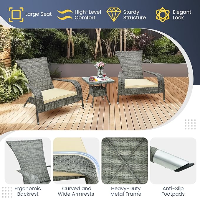 Tangkula 3-Piece Wicker Adirondack Set, Ergonomic Oversized Rattan Chairs w/Coffee Table, Comfy Seat Cushions, Tempered Glass Tabletop, Patio Conversation Set for Porch (Wicker, 3-pc)