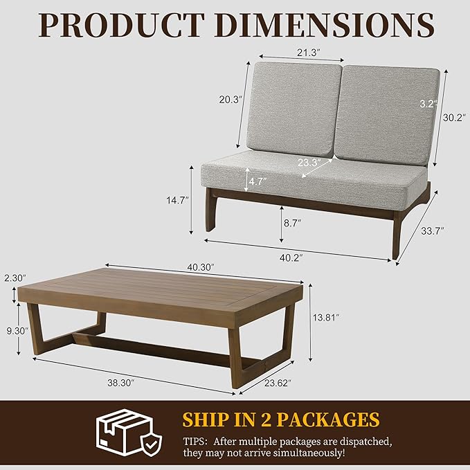 UIXE 2 Pieces All Weather Wood Patio Furniture Sets, Patio Loveseat Outdoor Sofa with Solid Wooden Coffee Table - Light Camel