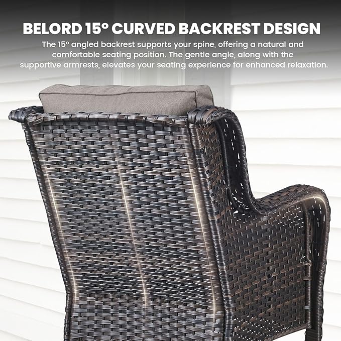 Belord Outdoor Furniture Set Patio Wicker Chairs, 3 Peices Porch Rattan Furniture with Side Table, Deep Seating Patio Bistro Chair Sets (Grey Cushion)