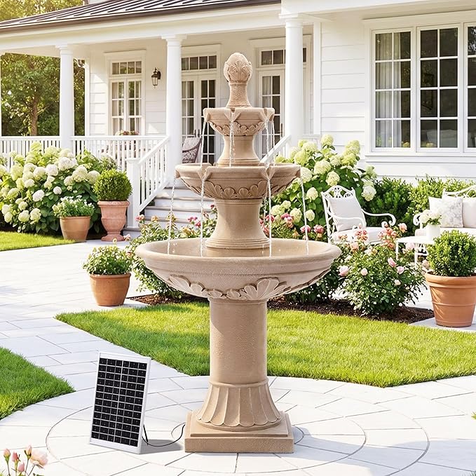 48"H Outdoor Italian Solar Water Fountain, 3-Tier Water Floor Solar Waterfall Fountain Decor with Pump and Solar Panel, Decorative Leaf Carving, Cascading Stone Look Garden Resin Fountains