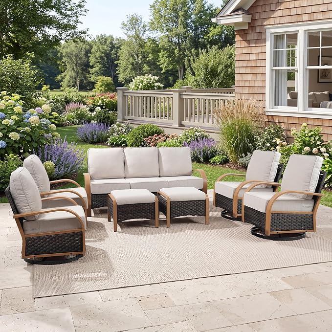 Belord 7 Piece Patio Furniture Set, All Weather Conversation Set with 6-Inch Thick Cushions,4 Wicker Swivel Rocker Chairs and 3 Seater Wicker Sofa for Deck Proch Pool Garden Backyard, Wood & Beige