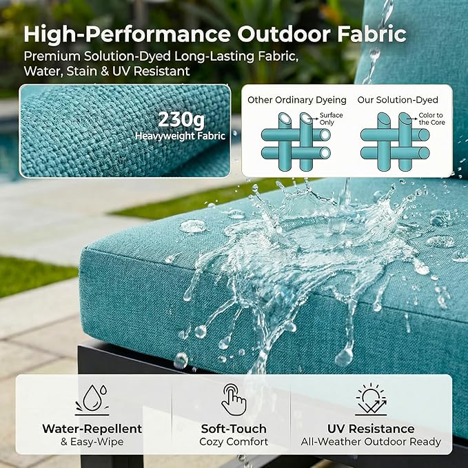 NICESOUL 10 Person Modern Aluminum Outdoor Patio Furniture Set with Side Table, 29" Wide Deep Seating, L Shaped Water Resistant Modular Sectional Couch, Oversized Conversation Set for Poolside, Teal