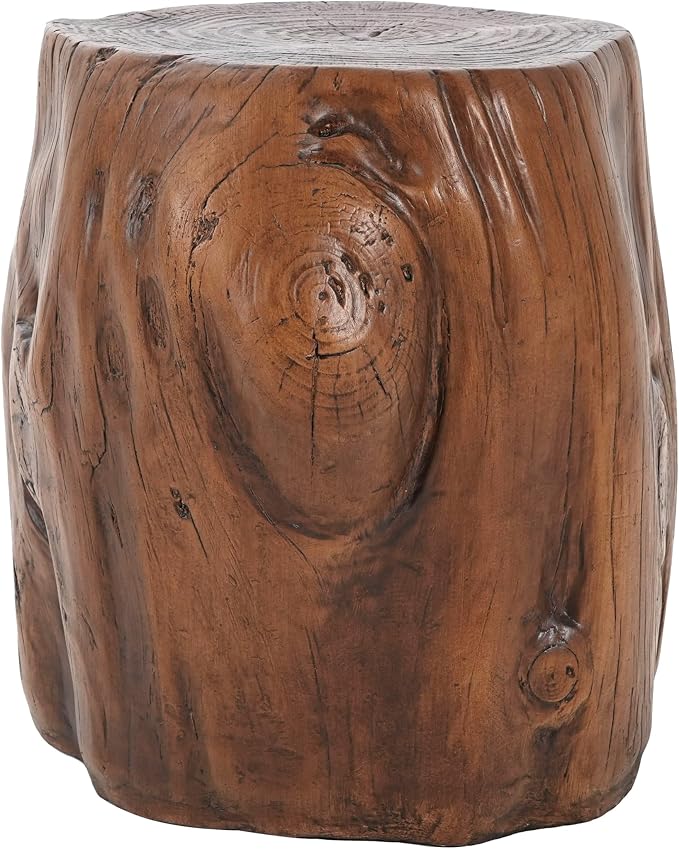 GDFStudio Realistic Tree Stump Side Table, Lightweight Concrete End Table for Indoor & Outdoor, Rustic Wood-Look Stool, Multi-Purpose Plant Stand, Weather-Resistant Accent Table, Dark Brown+Wood