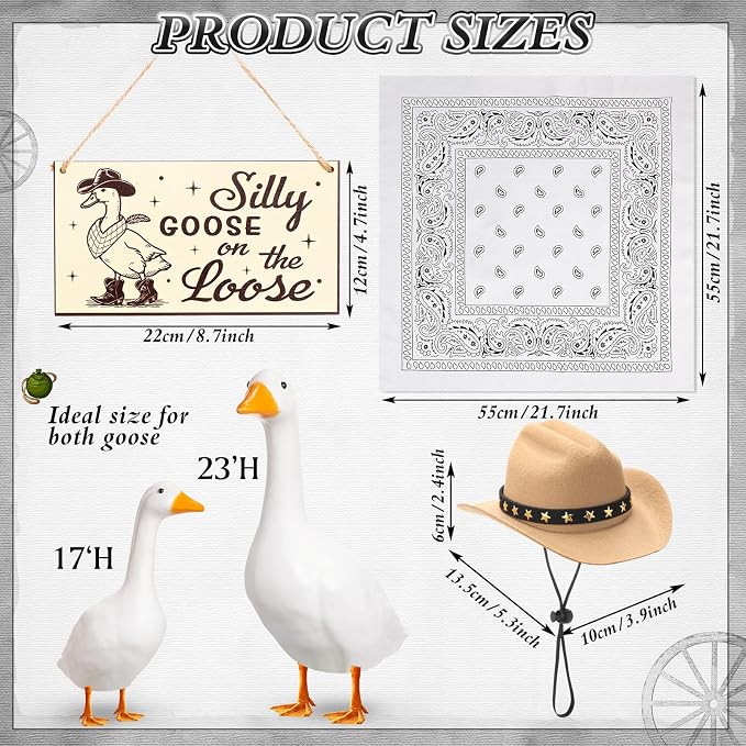 Funny Porch Goose Outfit Decoration Set Silly Goose on The Loose Hangings Sign Cowboy with Outfit Cowboy Hat Bandana for 23" Cement/Plastic Outdoor Statue Patio Yard Lawn Art(White,Khaki)
