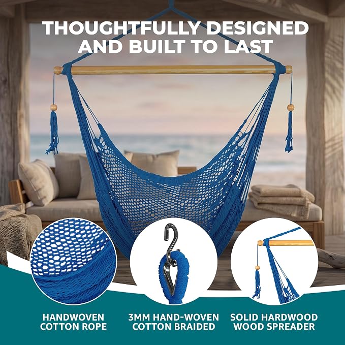 Bliss Hammocks BHC-412BLU Island Rope Hammock Chair, Eco Friendly & Hand-Woven Cotton, Varnish Coated 40 Inch Wood Spreader, Easy to Hang w/Included Hanging Kit, Supports up to 265LBS, Blue Rope