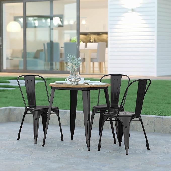 EMMA + OLIVER Drew Dining Table - Brown 30" Round Poly Resin Table Top - Black Steel Base - All-Weather for Indoor/Outdoor Use
